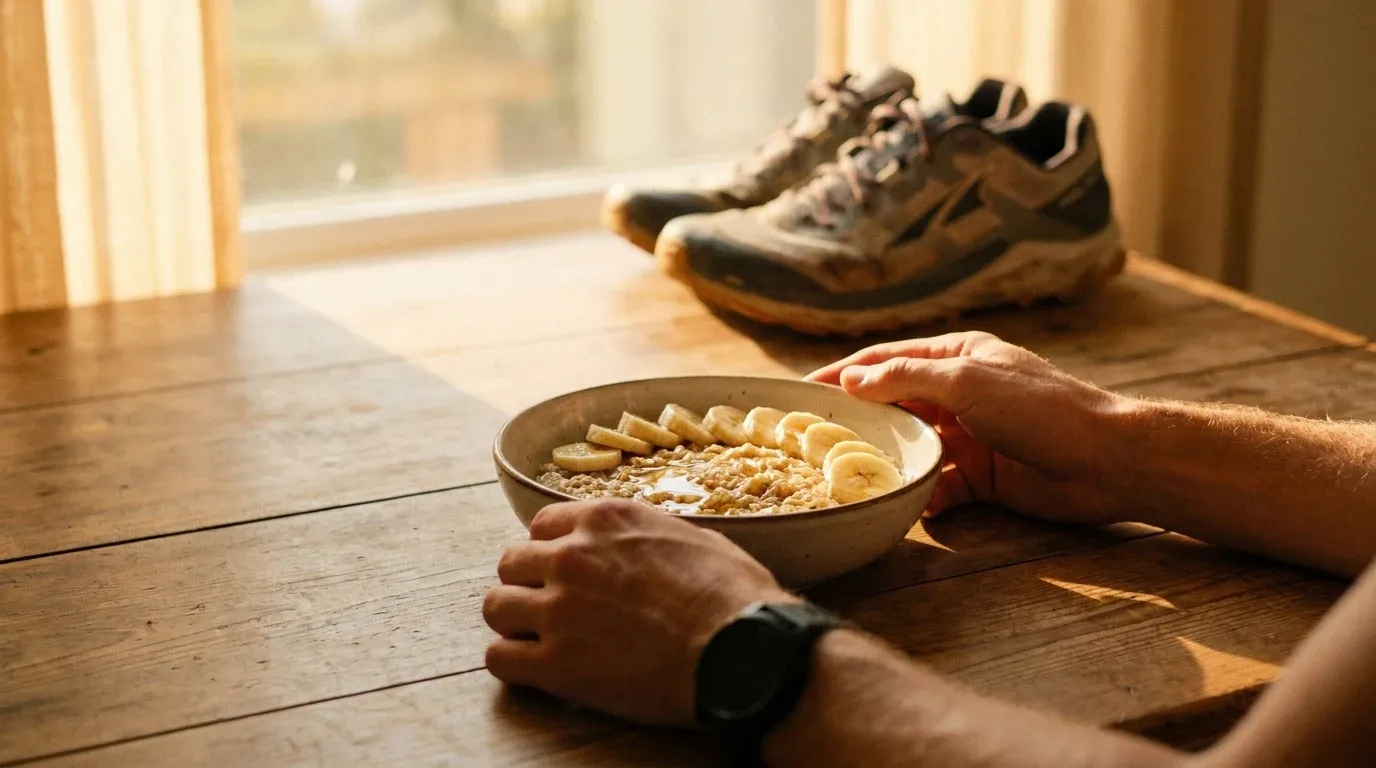 Athlete with GPS watch reaching for a bowl of oats with banana and honey before fall training.