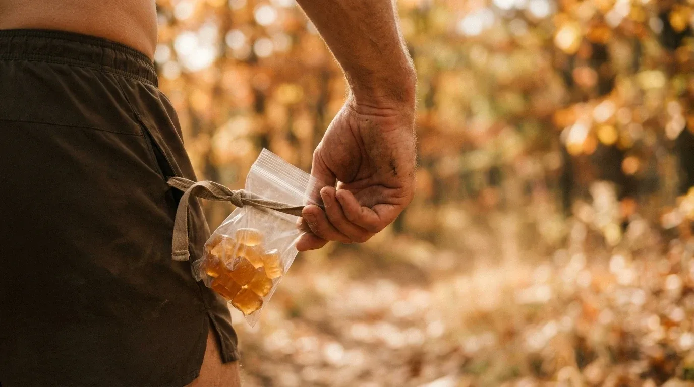 Trail runner's hand reaching for energy chews from a pouch mid-stride, with autumn leaves blurred in background.