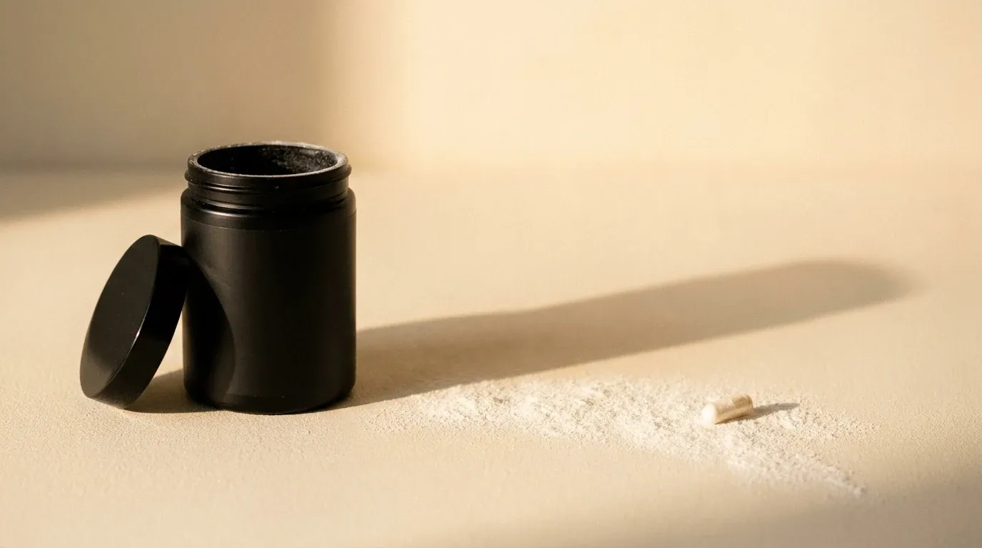 Sleek black supplement canister with white powder spilling across warm cream surface in golden light.
