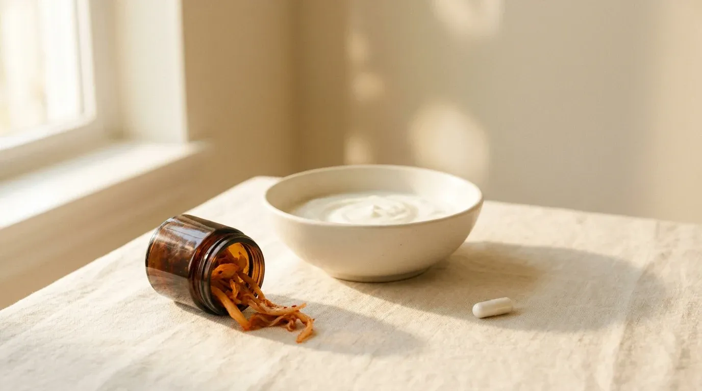 A bowl of yogurt, jar of fermented kimchi, and white capsule pill on cream linen.