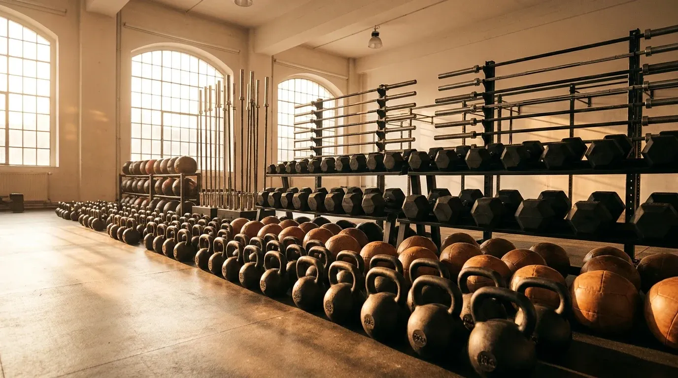 Rows of kettlebells, dumbbells, and barbells fill a commercial gym facility in warm golden-hour light.