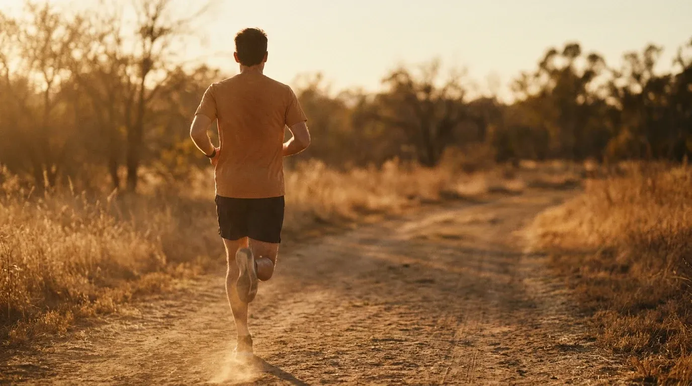 Lone runner captured mid-stride on a sunlit trail in warm golden-hour light, emphasizing forward momentum.