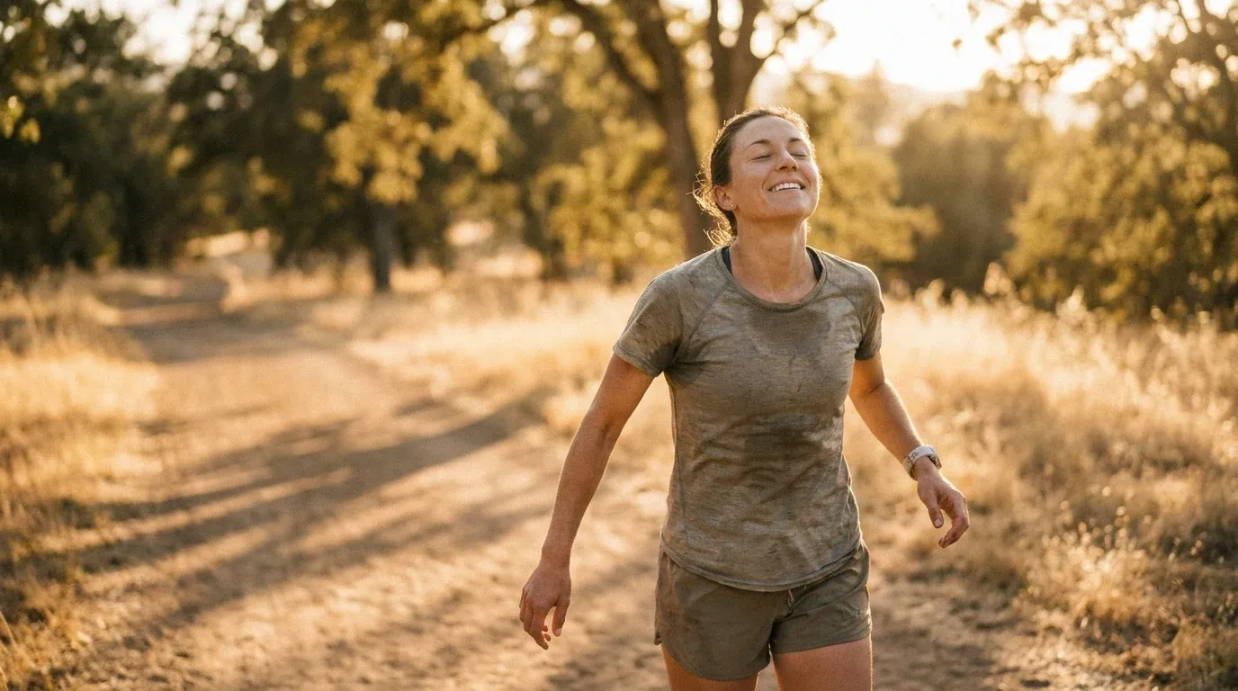 Runner mid-stride on a sunlit trail with eyes closed, expression peaceful, golden-hour light casting warm shadows around them.