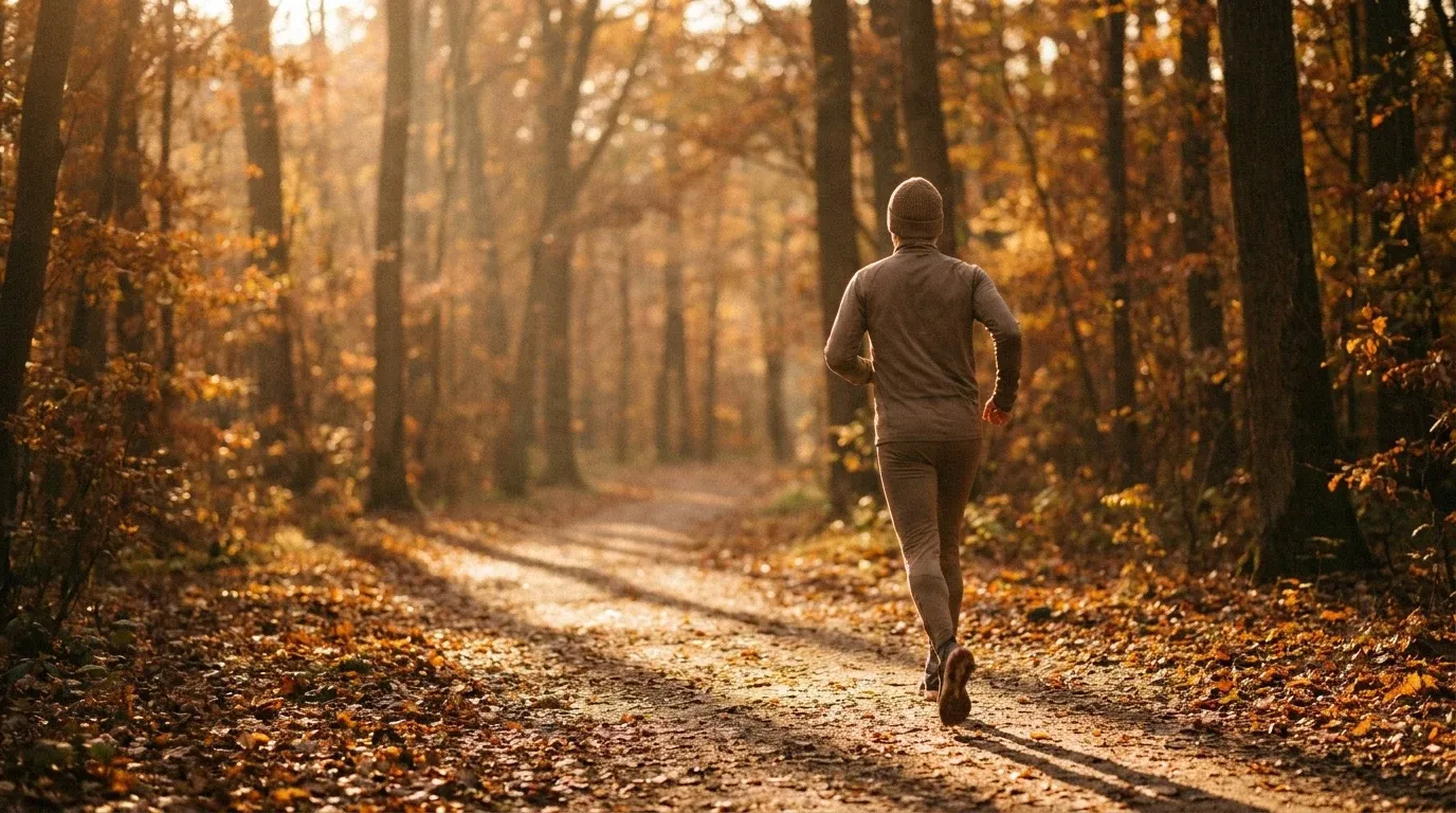 A runner mid-stride on a golden autumn trail surrounded by warm amber foliage and soft shadows.
