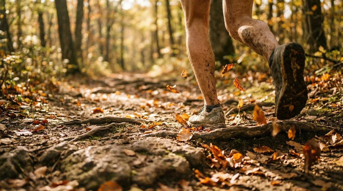 Close-up of a trail runner's legs and shoes mid-stride on a rocky forest path in autumn.