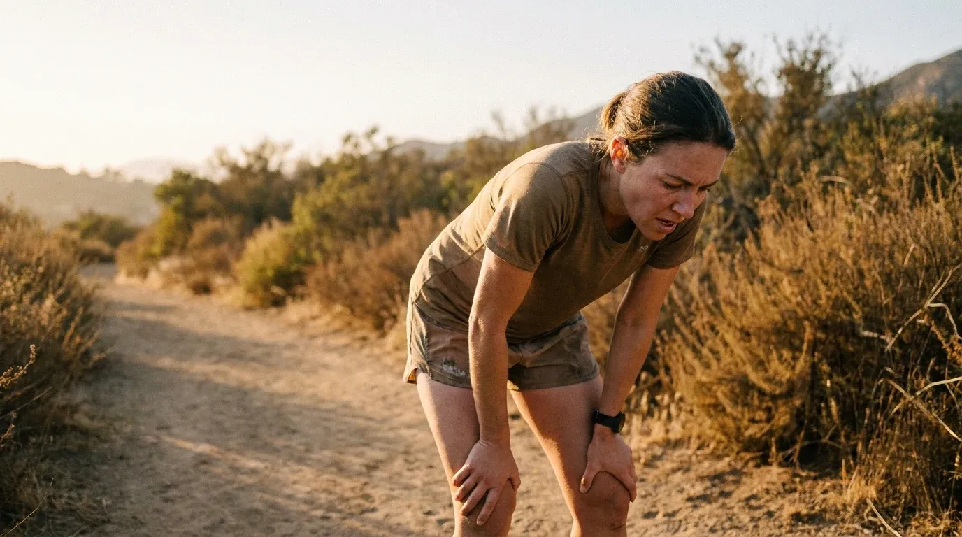 An exhausted female runner bent forward with hands on her knees, breathing heavily on a trail during golden hour.