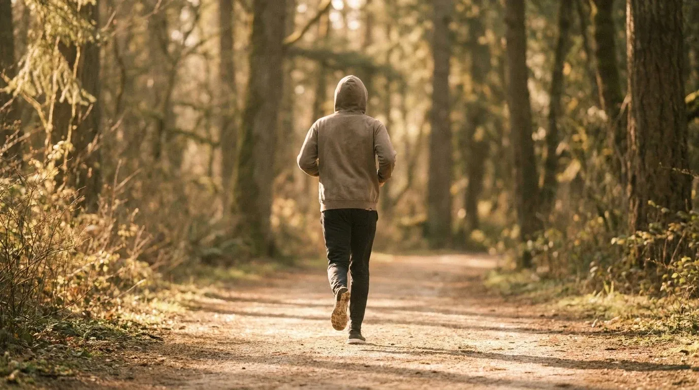 Runner jogging at an easy pace on a woodland trail in warm golden morning light.