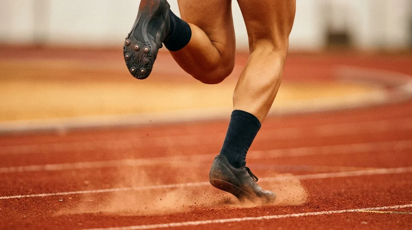 Close-up of a sprinter's legs at peak stride on a running track, captured from a low angle with explosive motion and dust.