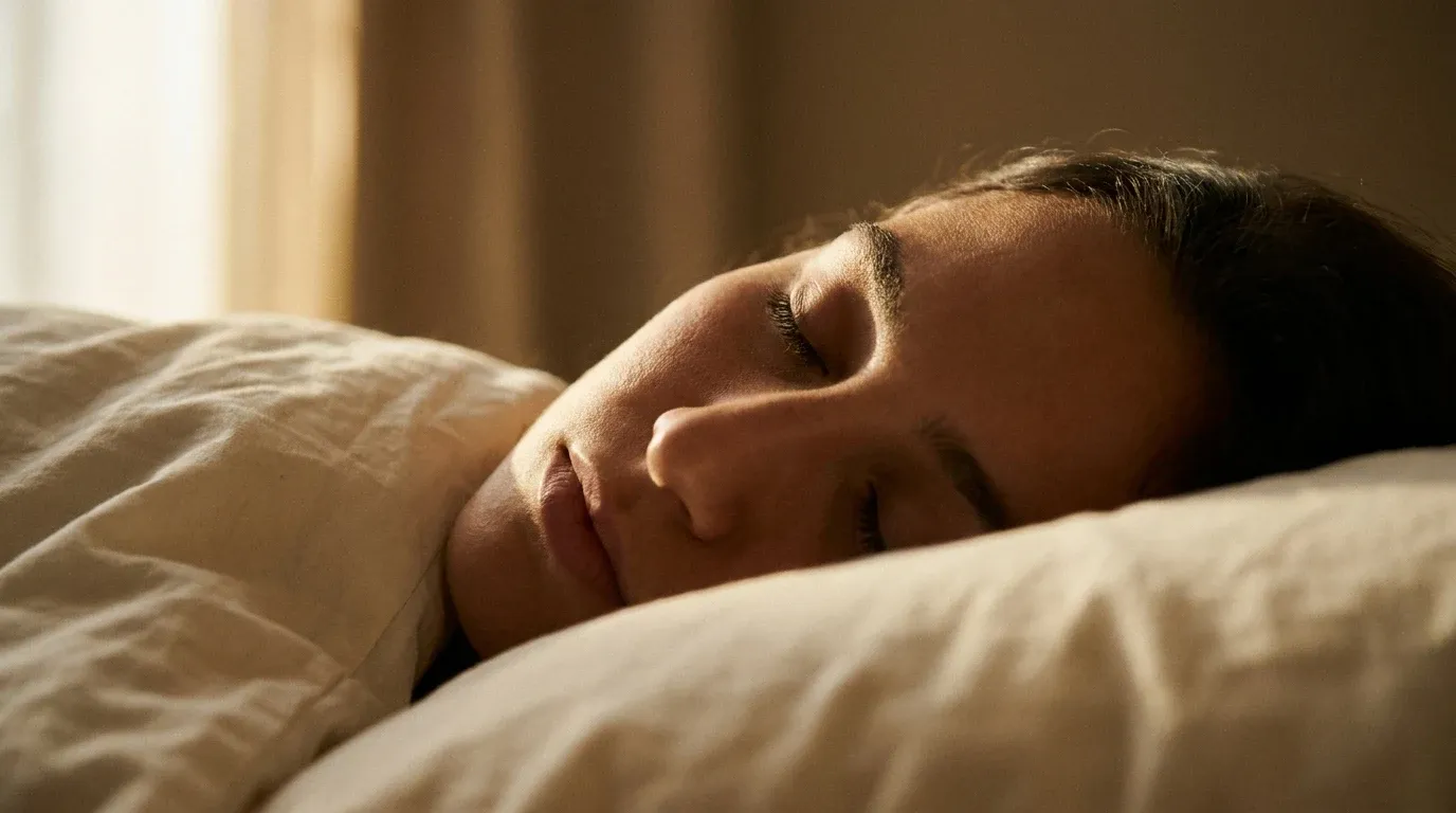 Close-up of a sleeping person's face lit by soft side light, eyes gently closed in deep rest.