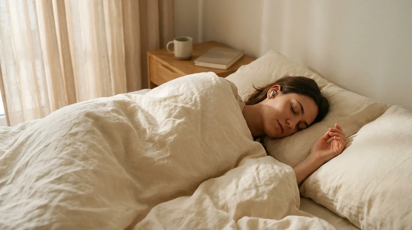 A person sleeping peacefully on their side in bed with a wireless earbud, soft golden light filtering through linen curtains.