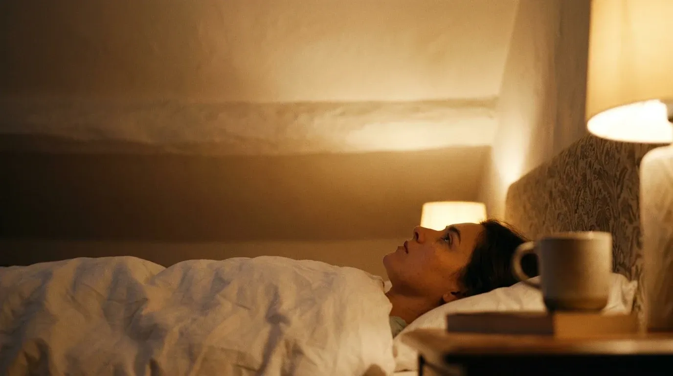 Person lying awake in bed staring at the ceiling, bathed in warm golden lamplight from a bedside lamp.