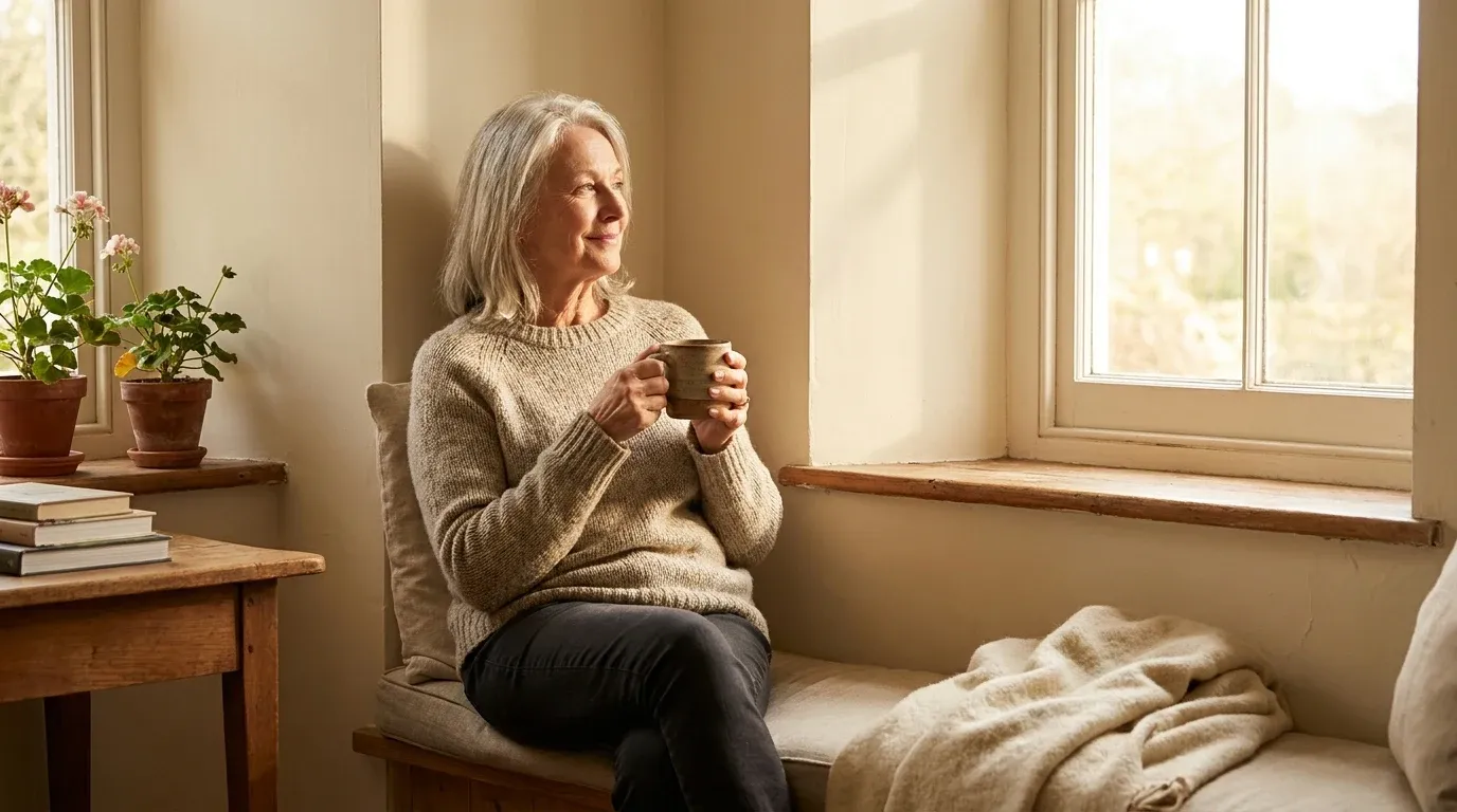 An older woman seated by a sunlit window, holding a mug, gazing calmly toward the warm morning light.