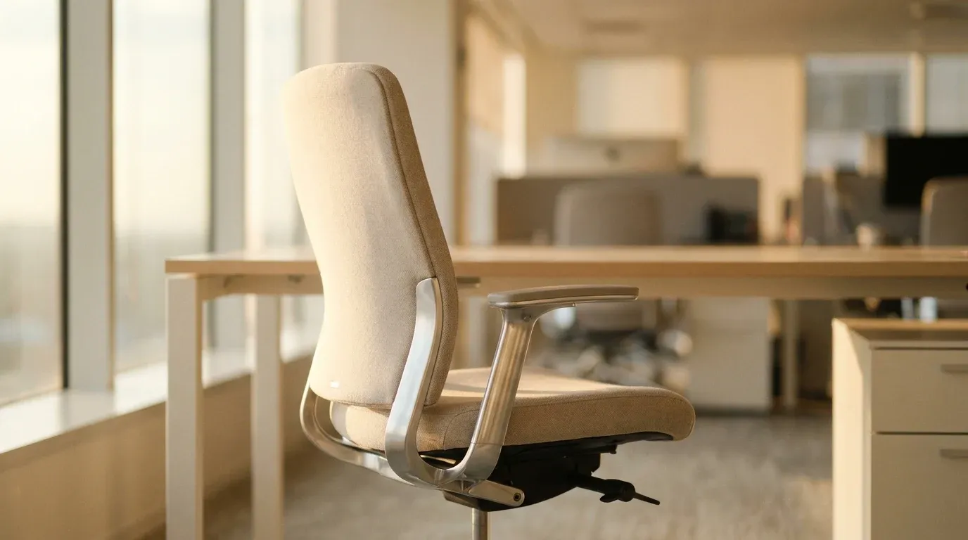Empty ergonomic office chair at a modern desk bathed in warm natural light.