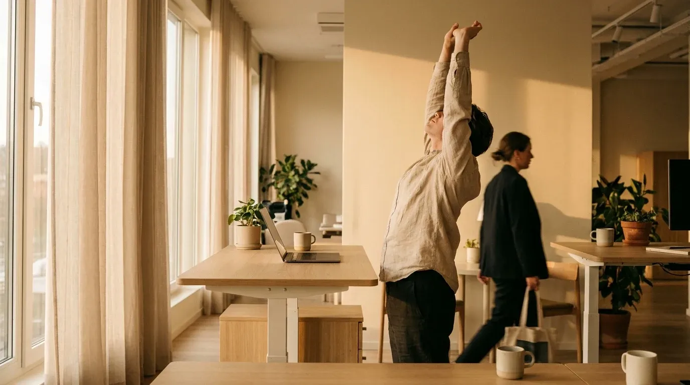 Office worker stretching at standing desk with arms raised as colleague walks in background flooded with natural light.