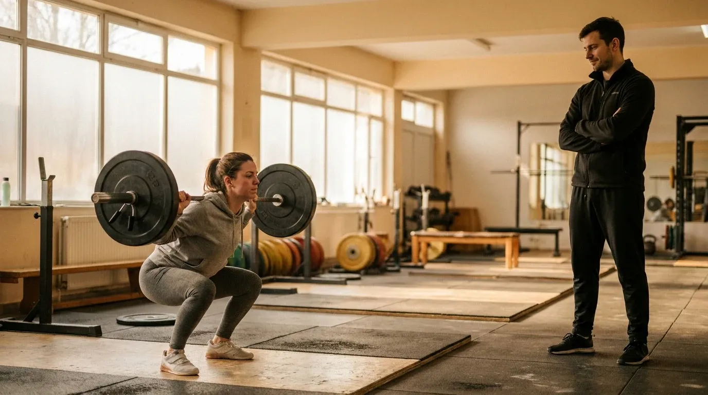 A coach observes a client performing a barbell squat with arms folded, demonstrating restrained presence in a gym.