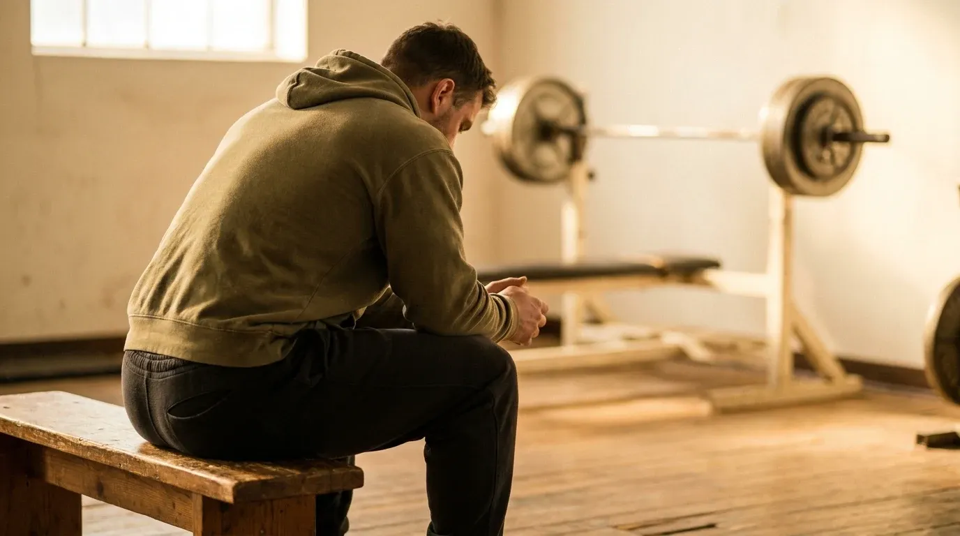 A lifter sits on a gym bench with head bowed, a loaded barbell resting untouched in the soft background.