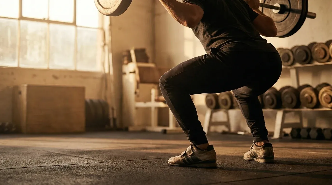Person performing a back squat at full depth with loaded barbell, shot from behind in warm natural light.
