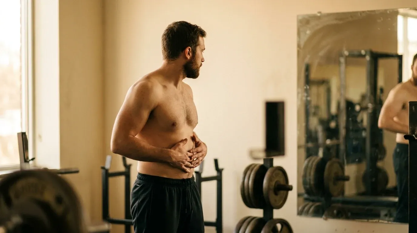 Male lifter assesses his body composition in a gym mirror under soft, warm golden-hour light.