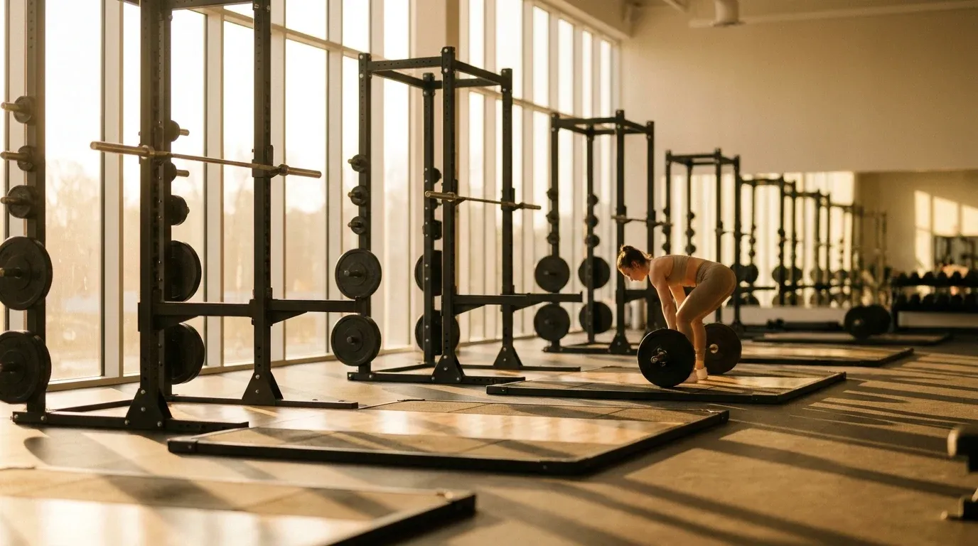 Spacious modern gym with rows of strength racks and a lone athlete setting up at a barbell, bathed in warm golden light.