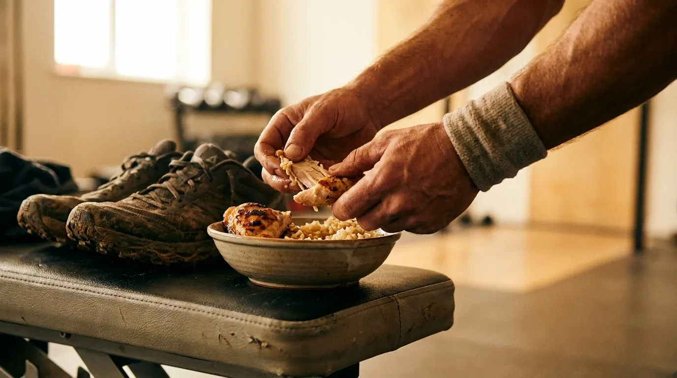 Tired athlete's hands eating grilled chicken and rice on a gym bench after intense exercise.