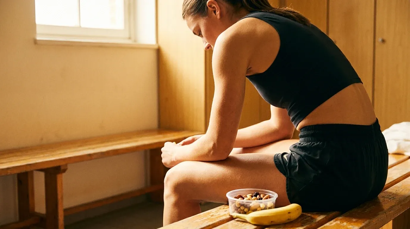 Female athlete sitting on a bench with a small banana and trail mix, illustrating inadequate nutrition.