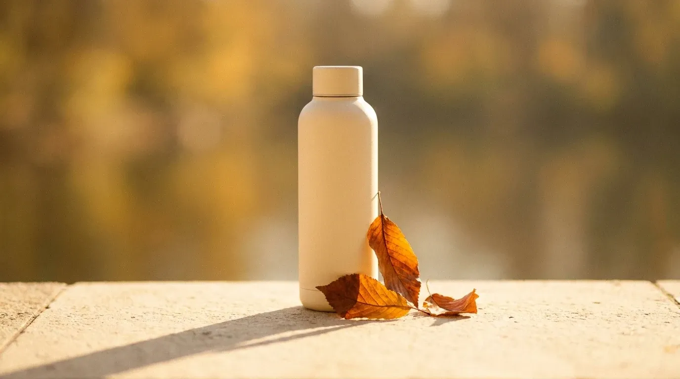 A cream water bottle with deep amber autumn leaves beside it, lit by warm golden hour light.
