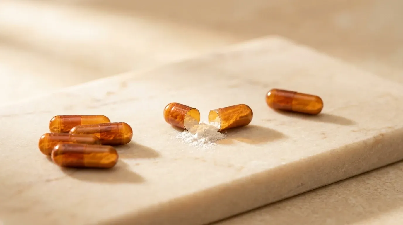 An amber capsule splits open, spilling white powder onto cream marble beside identical capsules.