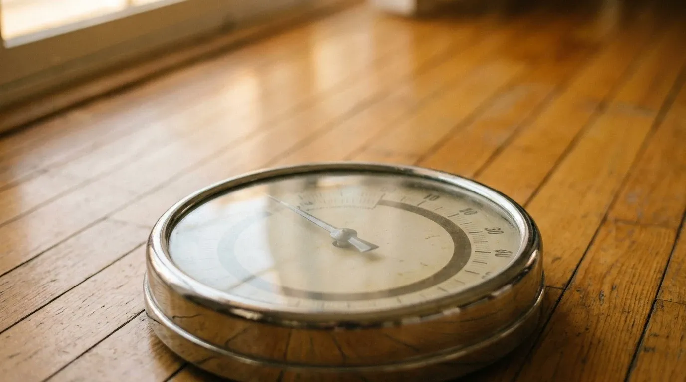 Analog bathroom scale on warm hardwood floor, shot from below, needle climbing upward.