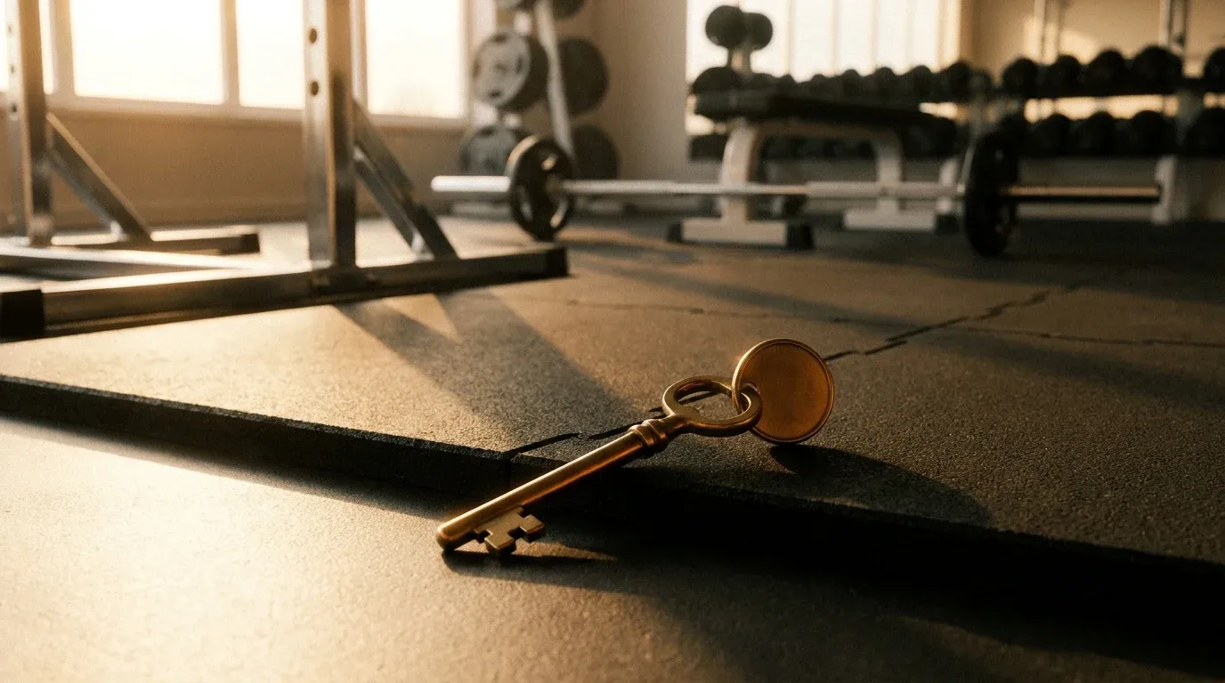 A brass key rests on a gym floor in warm golden light, symbolizing fitness industry access and opportunity.