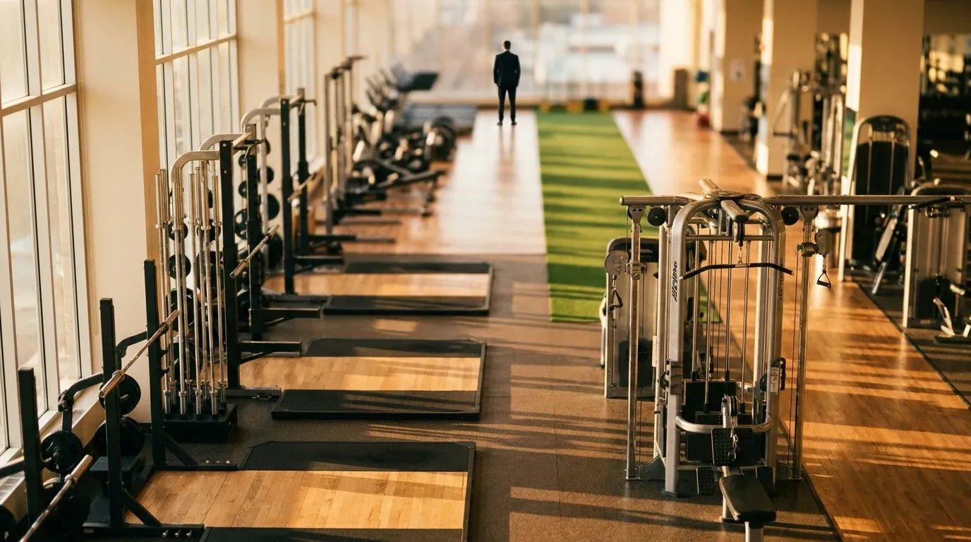 Overhead view of a modern gym with lined equipment and a suited figure surveying the space in warm golden light.