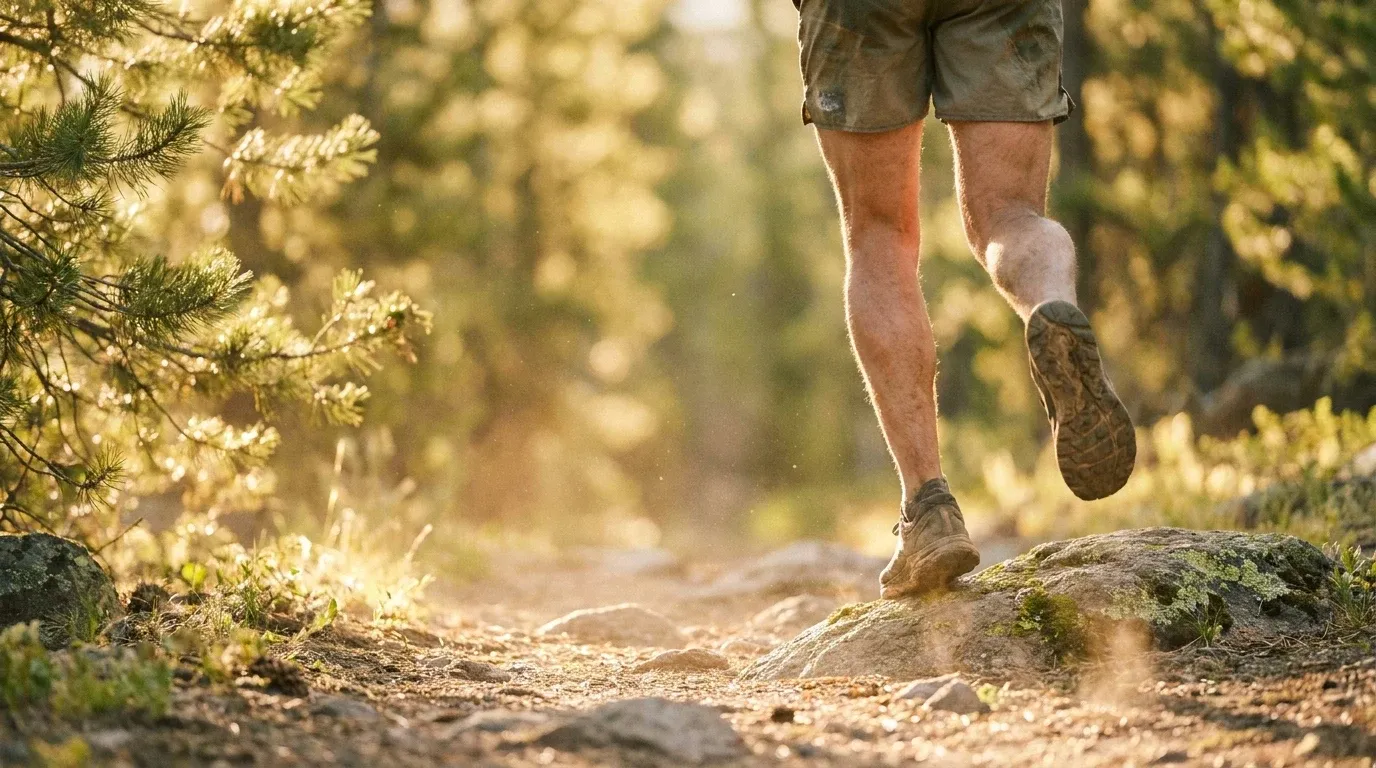 Trail runner's legs mid-stride on a rocky path, captured in warm golden morning light filtering through trees.
