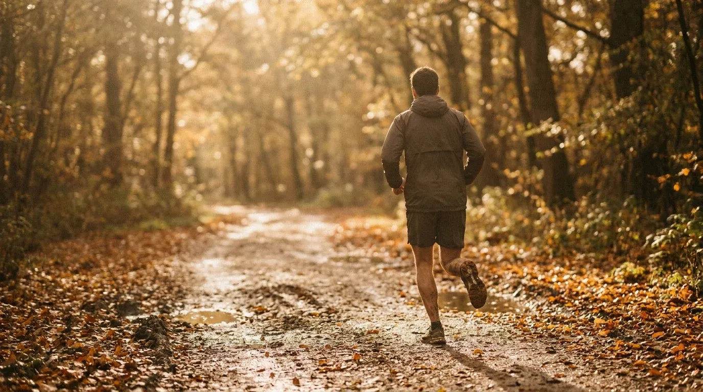 Runner shot from behind mid-stride on a rain-softened trail covered in autumn leaves.