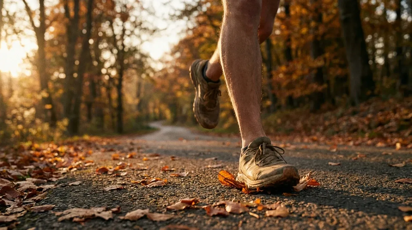 Close-up of a runner's legs mid-stride on an autumn road scattered with golden fallen leaves.