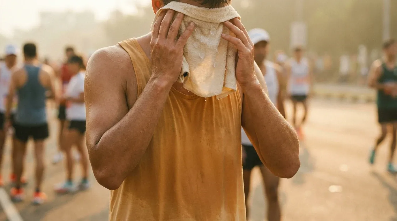 A runner applies an ice-filled towel to the back of their neck during a hot race.