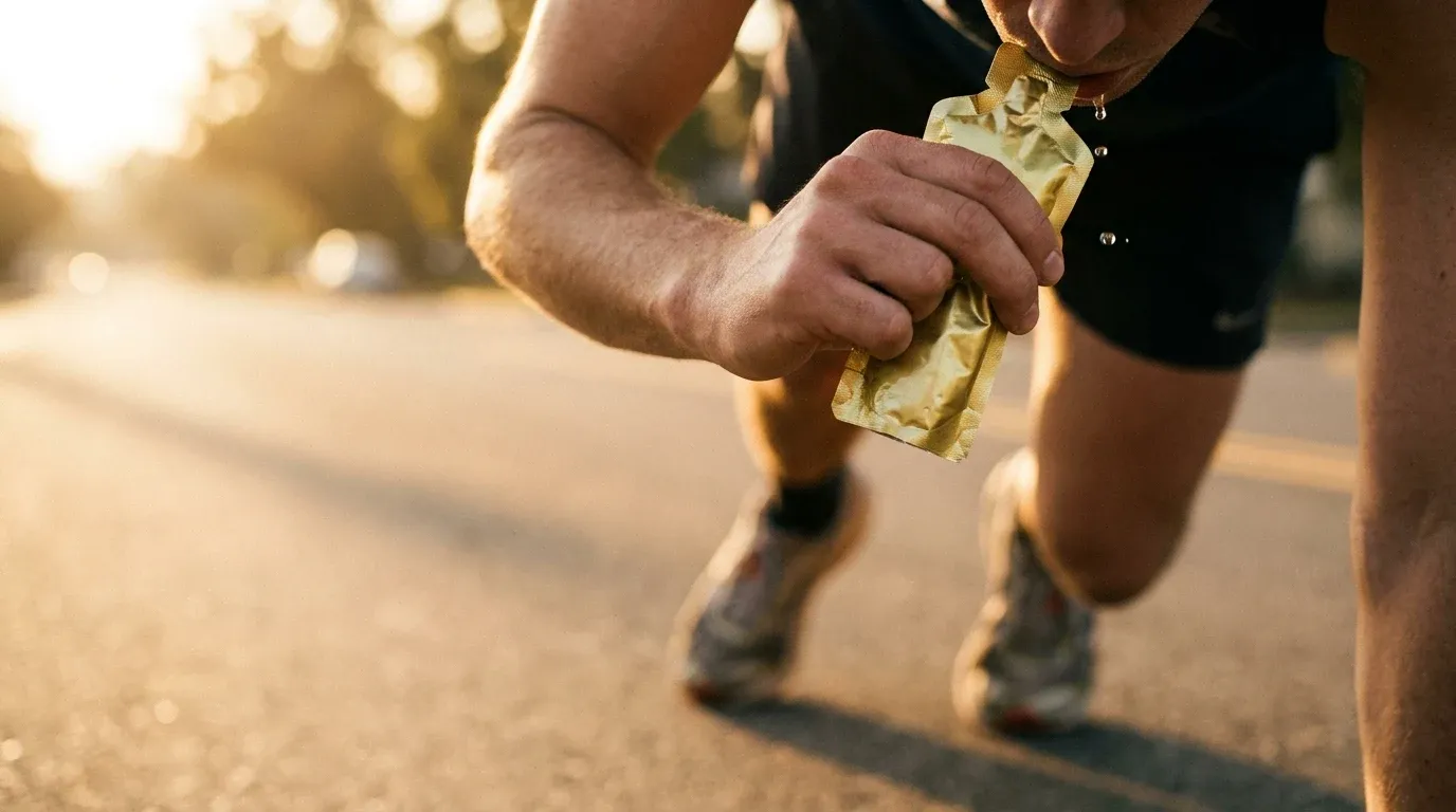 Runner gripping a gel packet mid-stride during early morning race on an open road.
