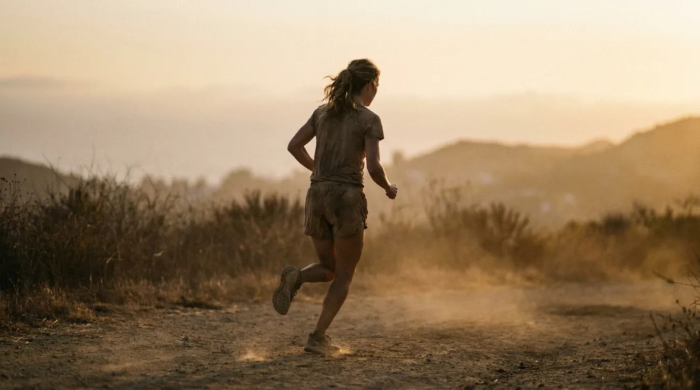 Female runner mid-stride on a dusty trail at dawn, viewed from behind, showing quiet determination and fatigue.