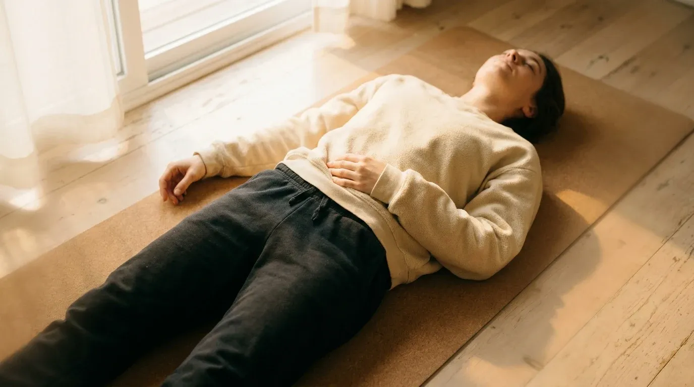 Exhausted athlete lying on a yoga mat after training, bathed in soft warm golden light from a window.