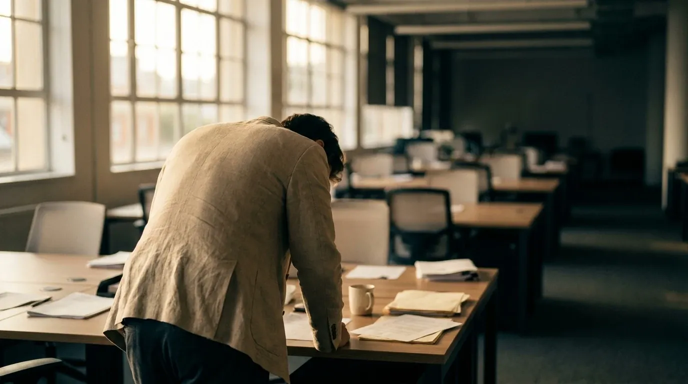 Office worker slumped at desk in empty open-plan office, bathed in warm golden light from windows.