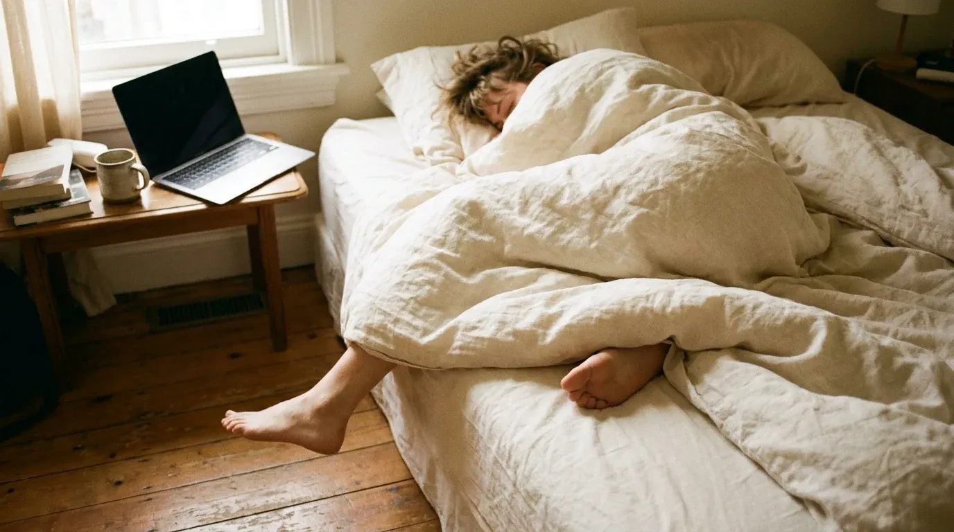 A half-asleep person in rumpled bedding reluctantly reaching toward the floor, with a closed laptop on the nearby nightstand.
