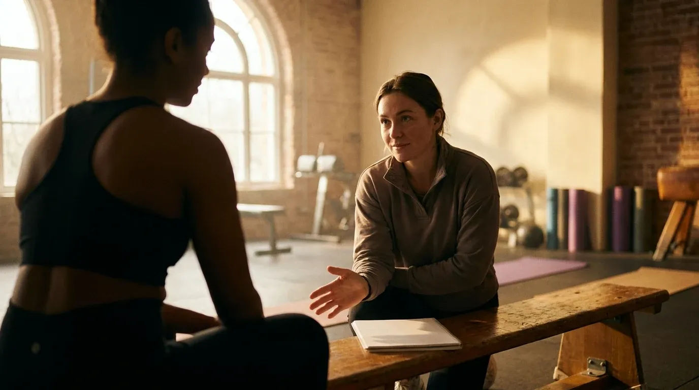 A coach listens attentively to a client across a gym bench in soft golden morning light.