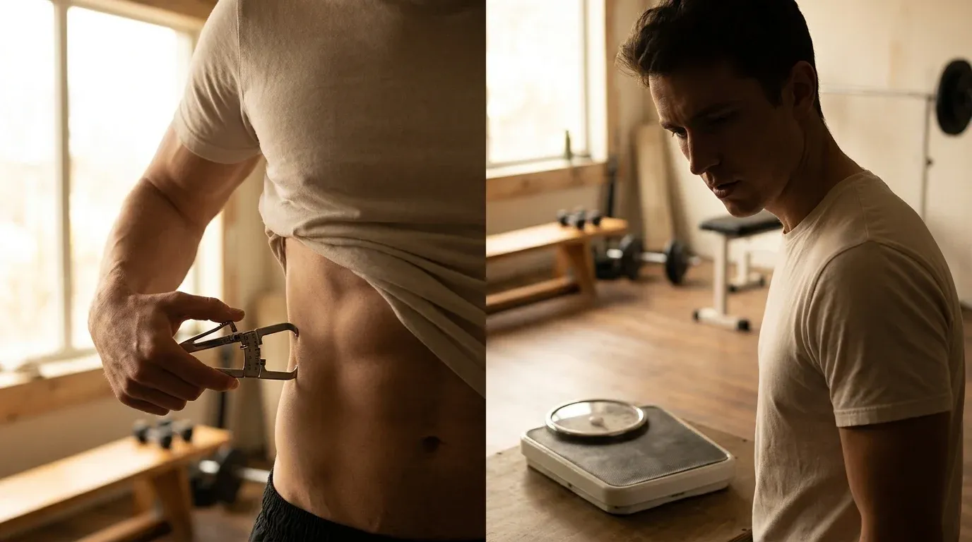 A fit person compares two measurement methods: a skinfold caliper and a bathroom scale.