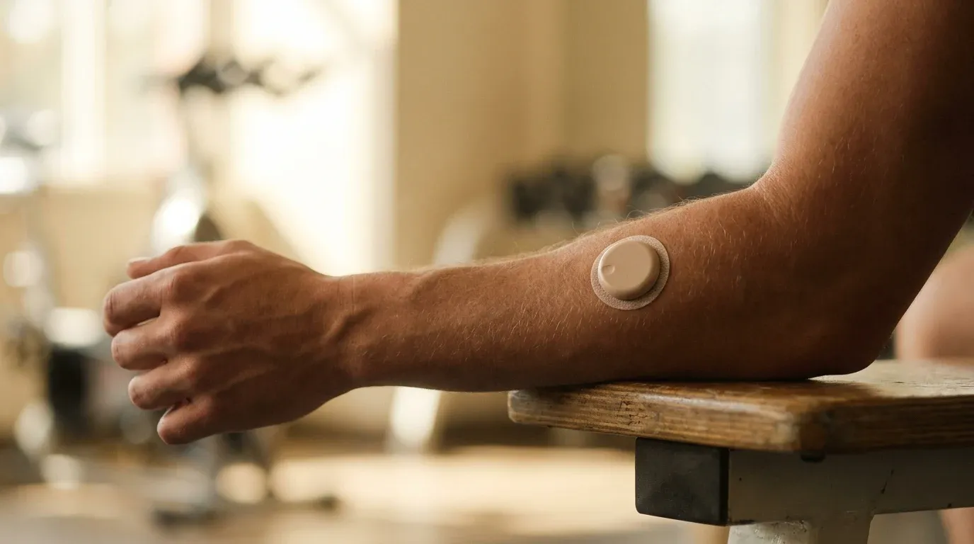Circular CGM sensor patch on a muscular forearm resting on a gym bench in warm natural light.