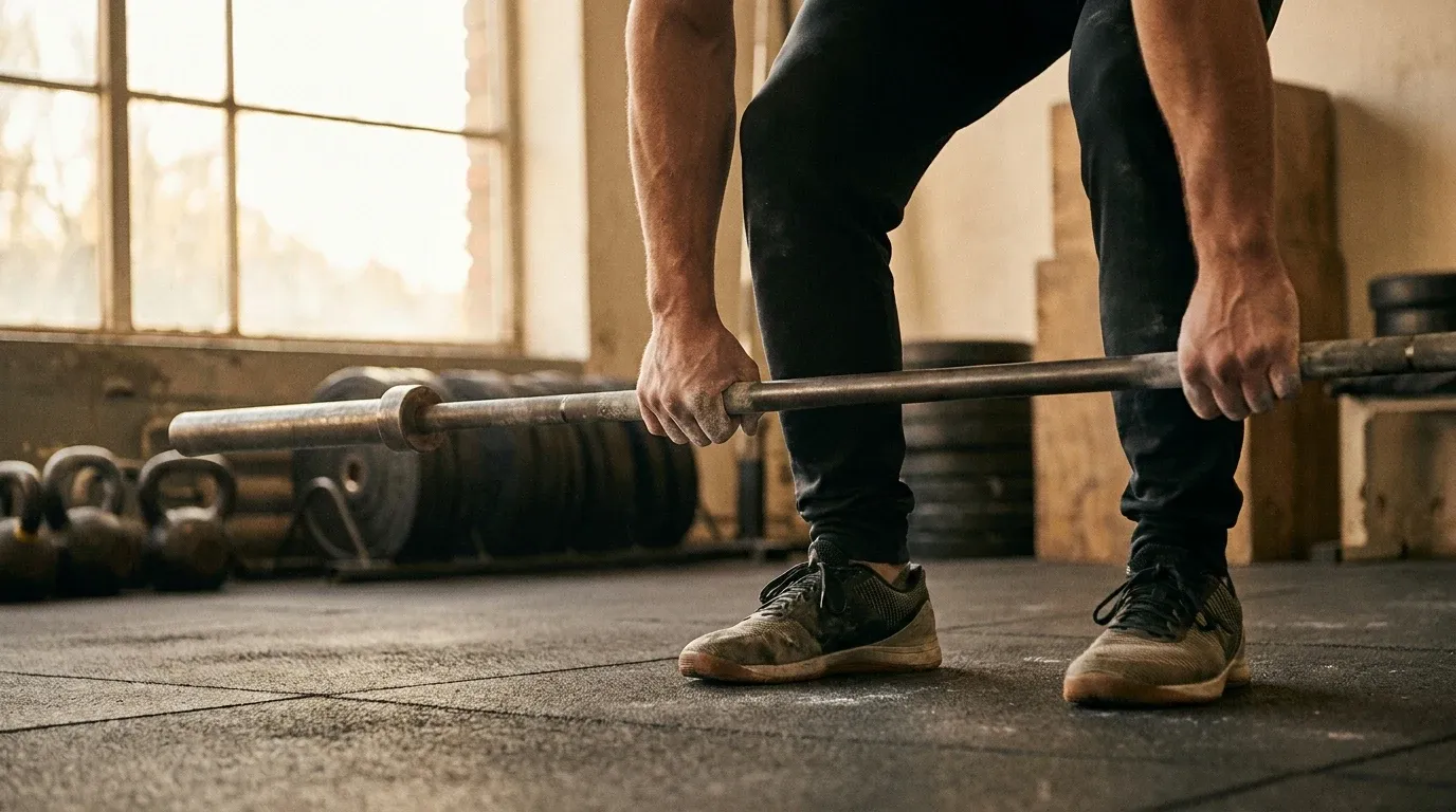 Lifter performing deadlift with chalk-dusted hands gripping barbell in warm natural gym light.