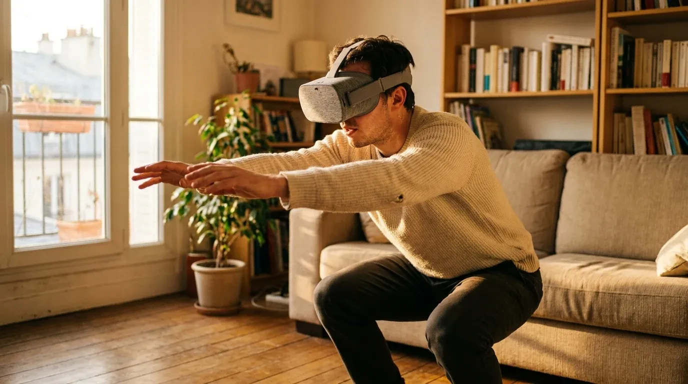 Person wearing a VR headset performing a squat in a sunlit living room with warm natural light.