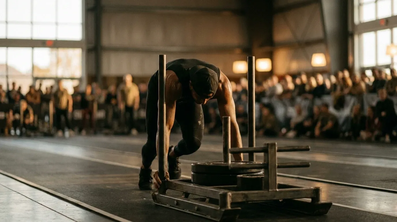 Athlete in compression gear drives a heavy sled with extended arms across competition flooring under warm arena lighting.