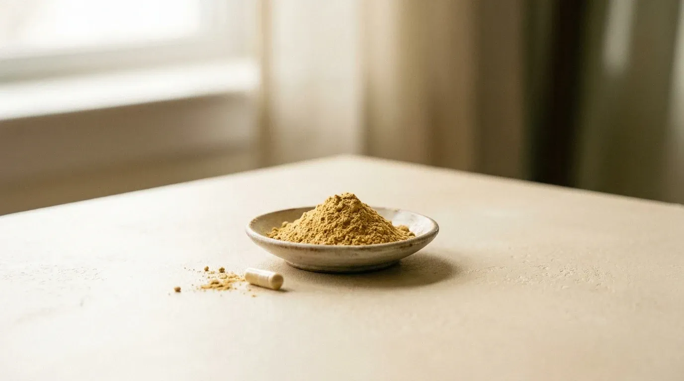 Golden berberine powder in a ceramic dish with a translucent capsule, photographed in natural light.