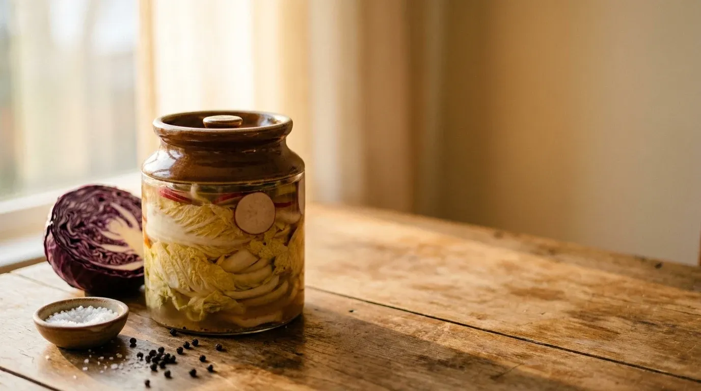 A jar of fermented vegetables surrounded by red cabbage, sea salt, and peppercorns on wood.