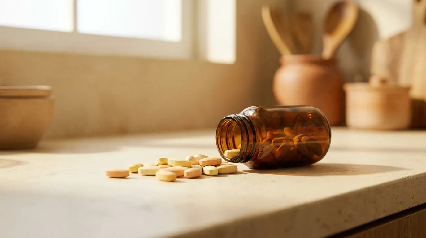 Amber glass bottle tipped over with multivitamin tablets spilling onto a warm cream surface in soft daylight.