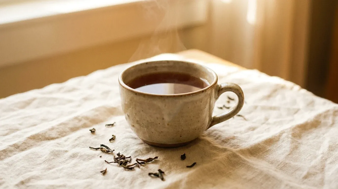A ceramic teacup filled with amber tea rests on cream linen with scattered dried tea leaves.