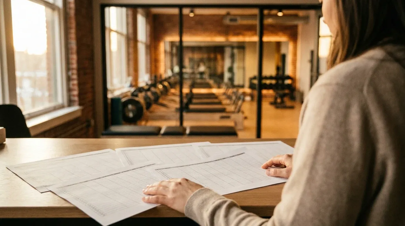Gym owner reviewing financial documents at a desk with a fitness facility softly blurred in the background.